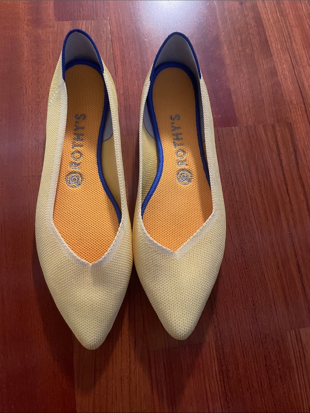 Rothy's Yellow Pointed Knit Flats with Blue Trim